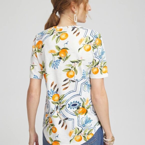 Chico's Women's Size 3/16 Tropical Print Short Sleeve Notched Neck Cotton Tee - Picture 2 of 16